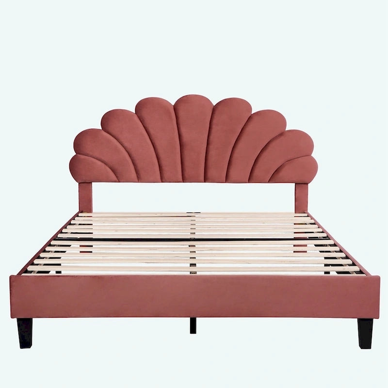 Queen Platform Bed with Petal-Shaped Velvet Headboard & Wood Slat Base