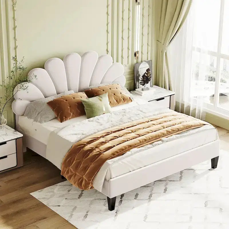 Queen Platform Bed with Petal-Shaped Velvet Headboard & Wood Slat Base