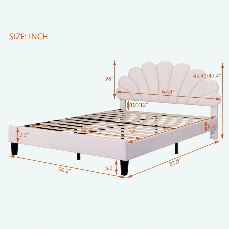 Queen Platform Bed with Petal-Shaped Velvet Headboard & Wood Slat Base