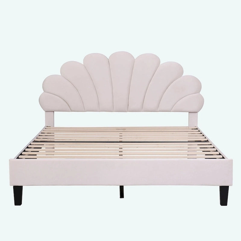 Queen Platform Bed with Petal-Shaped Velvet Headboard & Wood Slat Base