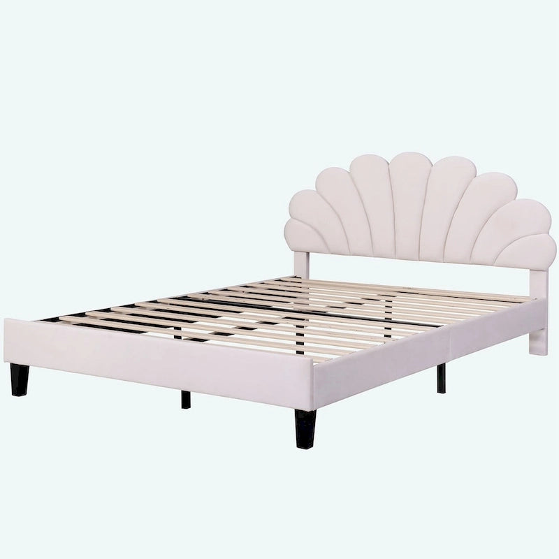 Queen Platform Bed with Petal-Shaped Velvet Headboard & Wood Slat Base