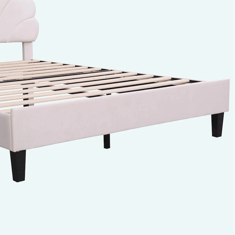 Queen Platform Bed with Petal-Shaped Velvet Headboard & Wood Slat Base