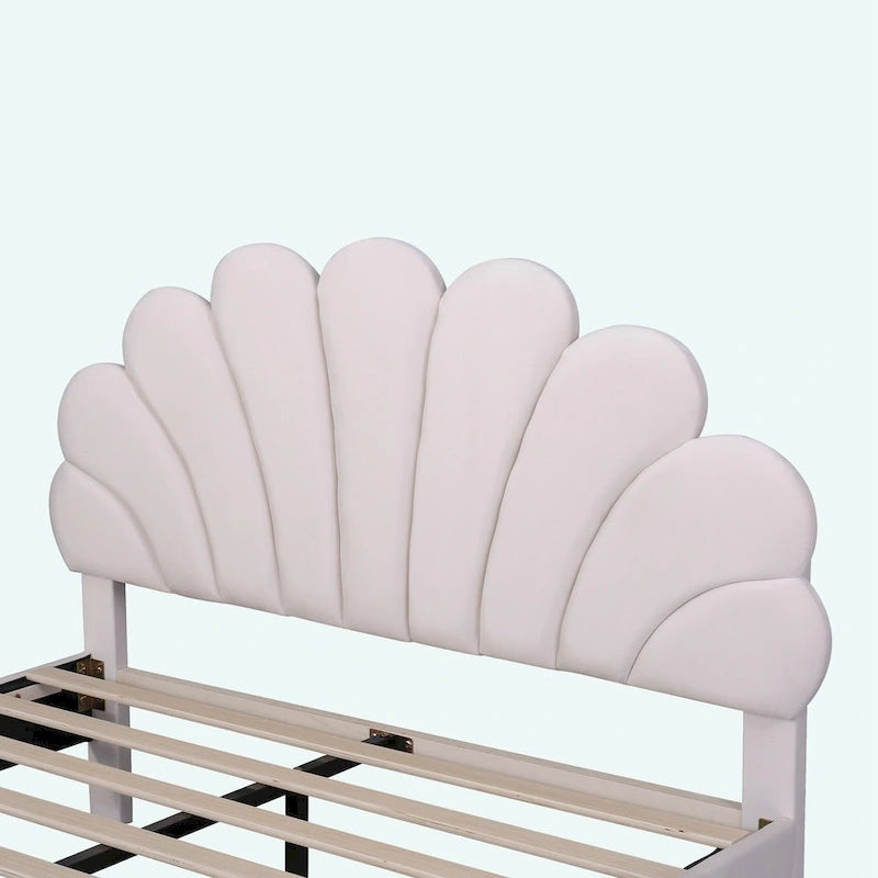 Queen Platform Bed with Petal-Shaped Velvet Headboard & Wood Slat Base