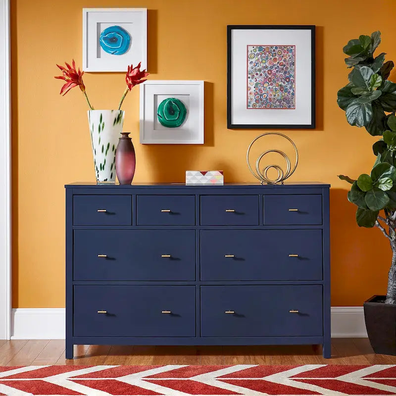 8-Drawer Wide Bedroom Dresser with Gold Pulls & Mixed Drawer