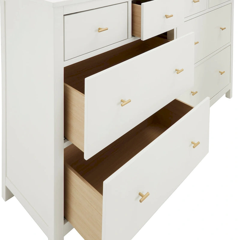 8-Drawer Wide Bedroom Dresser with Gold Pulls & Mixed Drawer