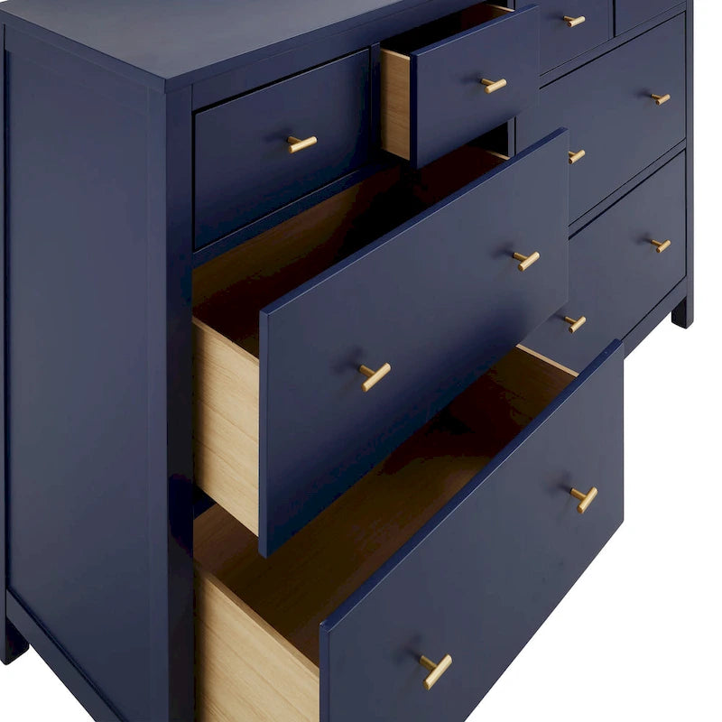 8-Drawer Wide Bedroom Dresser with Gold Pulls & Mixed Drawer