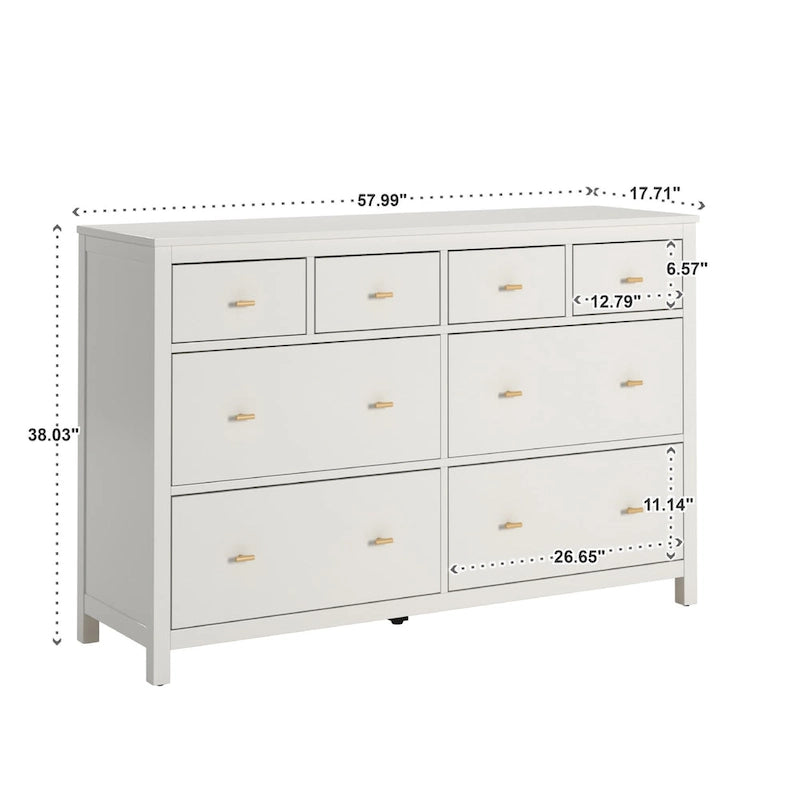 8-Drawer Wide Bedroom Dresser with Gold Pulls & Mixed Drawer