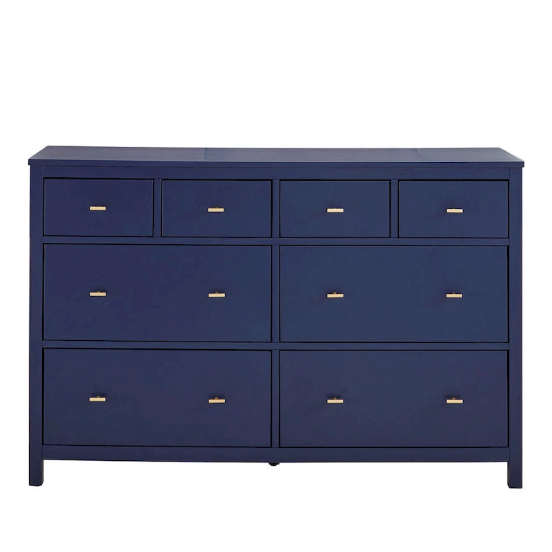8-Drawer Wide Bedroom Dresser with Gold Pulls & Mixed Drawer