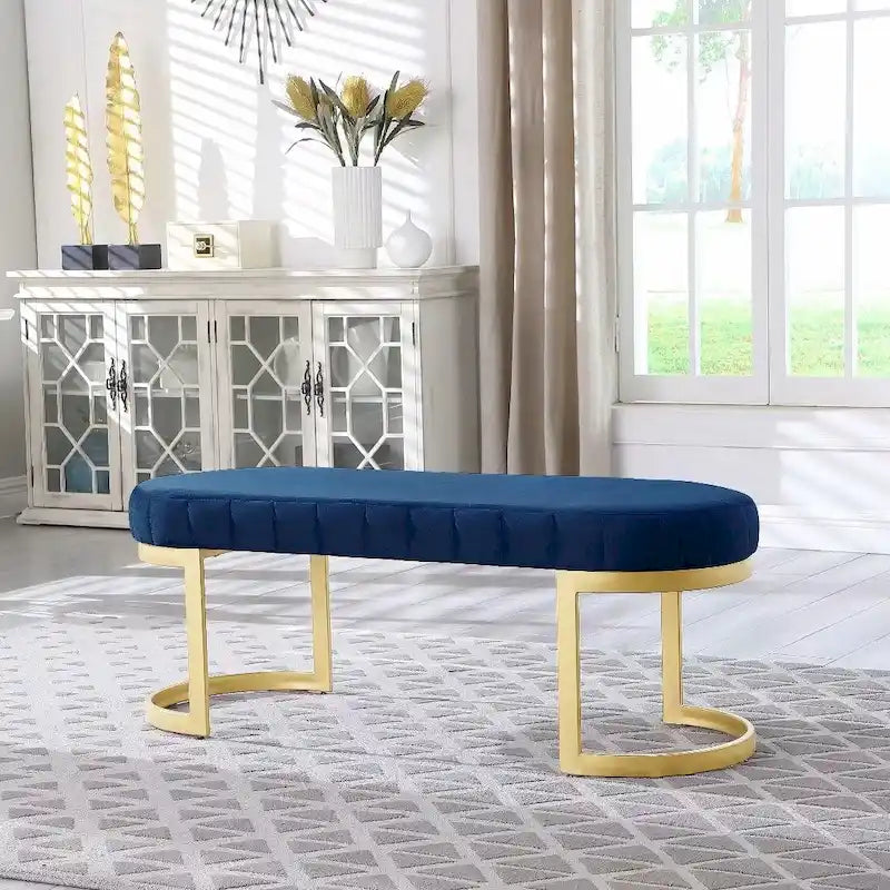 Velvet Upholstered Bench with Gold Arc Metal Base