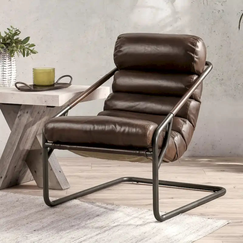 Top-Grain Buffalo Leather Accent Chair with Channel Back & Iron Cantilever Frame