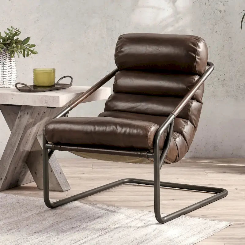 Top-Grain Buffalo Leather Accent Chair with Channel Back & Iron Cantilever Frame