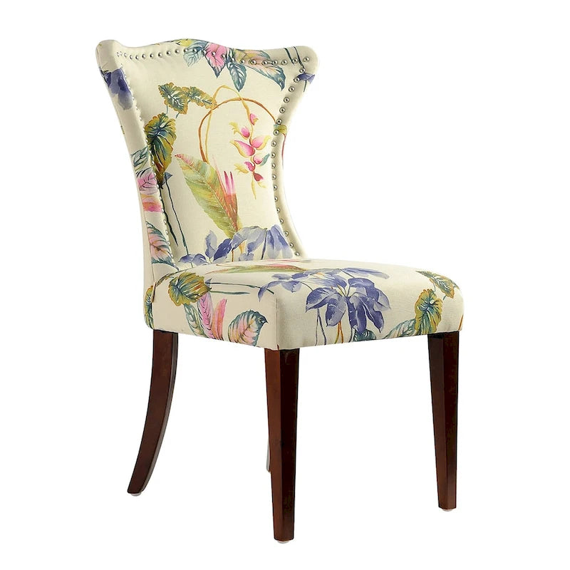 Armless Upholstered Dining Chair with Curved Back, Floral Print & Silver Nailhead Trim