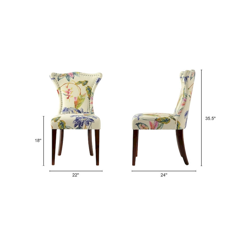 Armless Upholstered Dining Chair with Curved Back, Floral Print & Silver Nailhead Trim