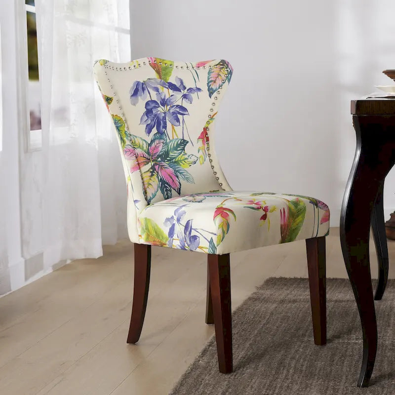 Armless Upholstered Dining Chair with Curved Back, Floral Print & Silver Nailhead Trim