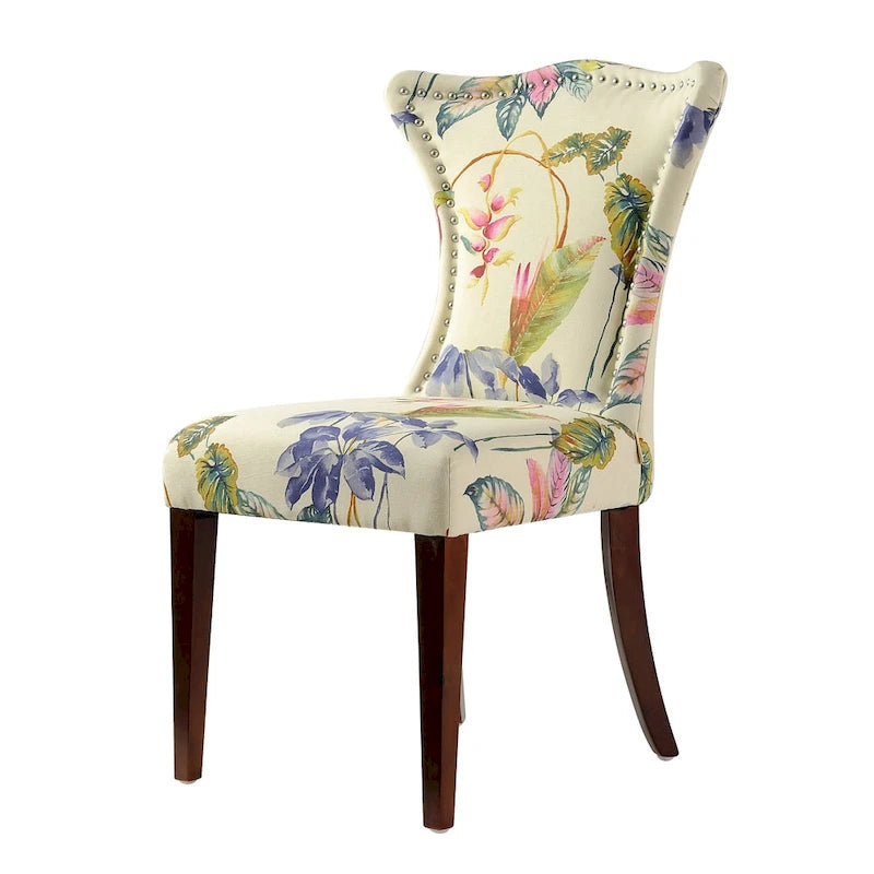 Armless Upholstered Dining Chair with Curved Back, Floral Print & Silver Nailhead Trim
