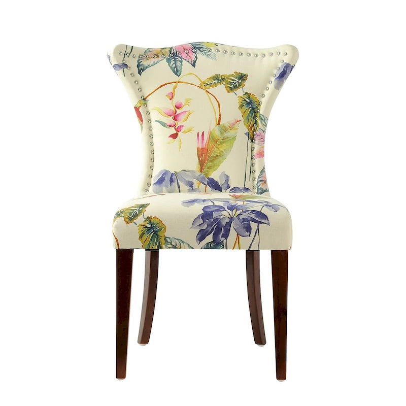 Armless Upholstered Dining Chair with Curved Back, Floral Print & Silver Nailhead Trim
