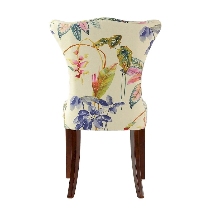 Armless Upholstered Dining Chair with Curved Back, Floral Print & Silver Nailhead Trim