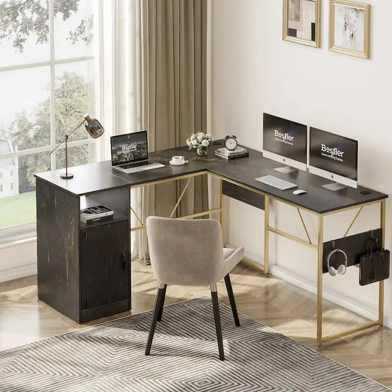60 L Shaped Desk with Storage Cabinet Office Computer Desk