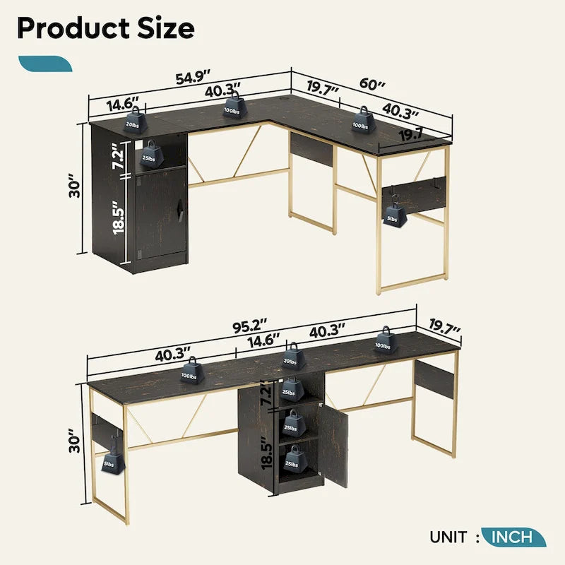 60 L Shaped Desk with Storage Cabinet Office Computer Desk