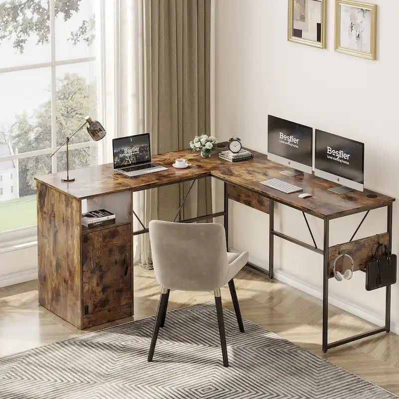 60 L Shaped Desk with Storage Cabinet Office Computer Desk