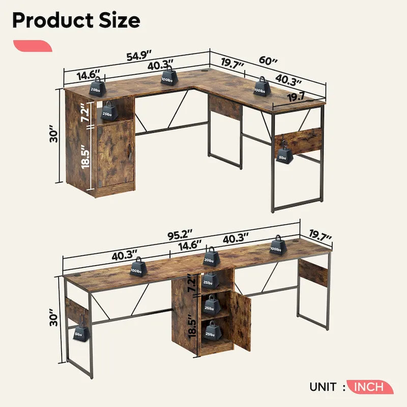 60 L Shaped Desk with Storage Cabinet Office Computer Desk