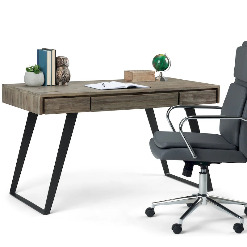 Bureau moderne industriel en bois massif avec tiroir à clavier et 2 tiroirs