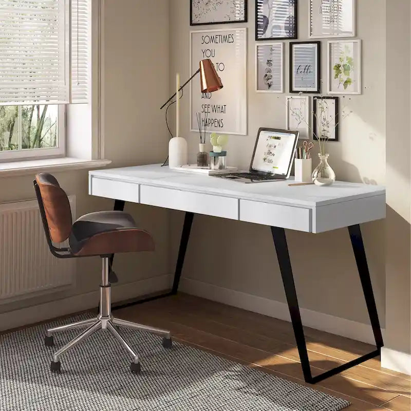 Bureau moderne industriel en bois massif avec tiroir à clavier et 2 tiroirs