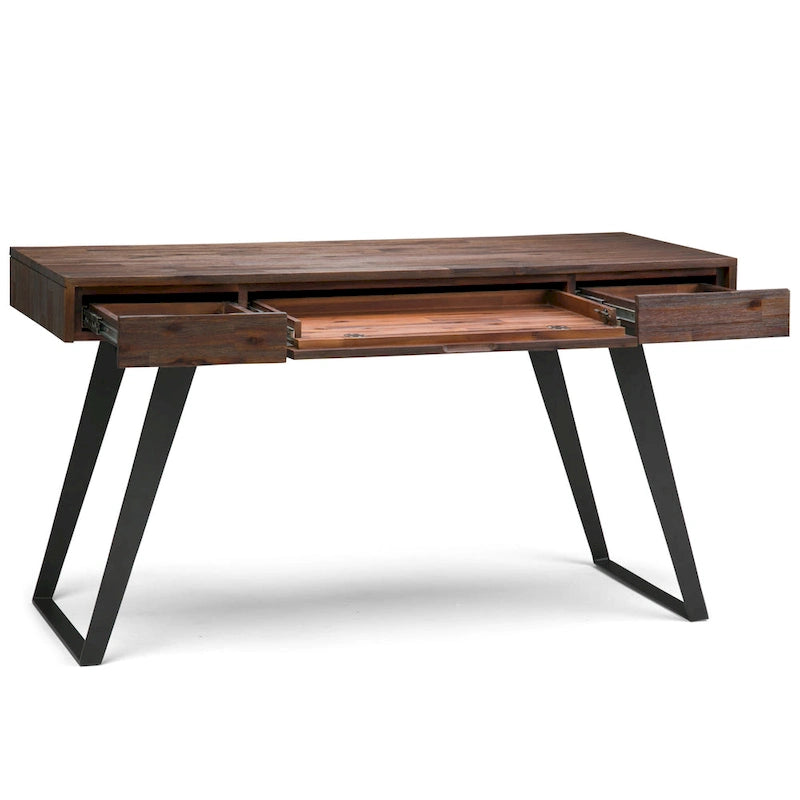 Modern Industrial Solid Wood Desk with Keyboard Tray & 2 Drawers