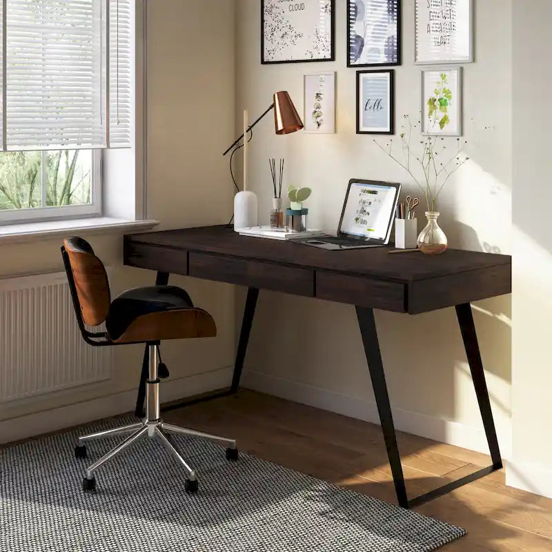 Modern Industrial Solid Wood Desk with Keyboard Tray & 2 Drawers