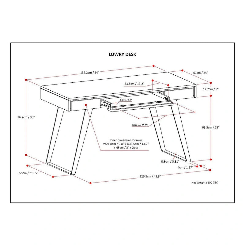 Modern Industrial Solid Wood Desk with Keyboard Tray & 2 Drawers