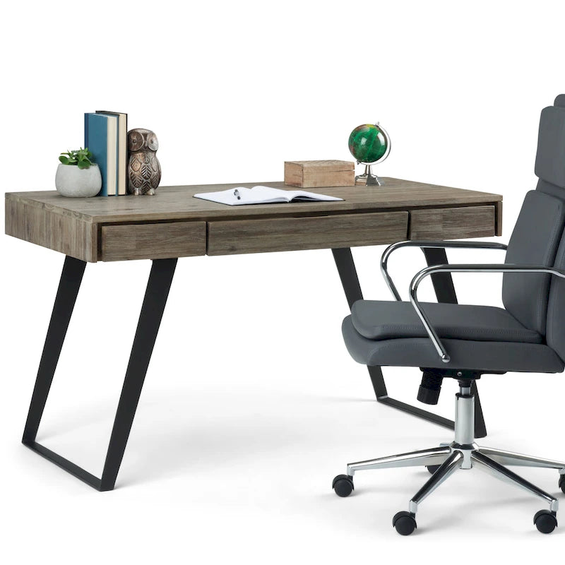 Modern Industrial Solid Wood Desk with Keyboard Tray & 2 Drawers