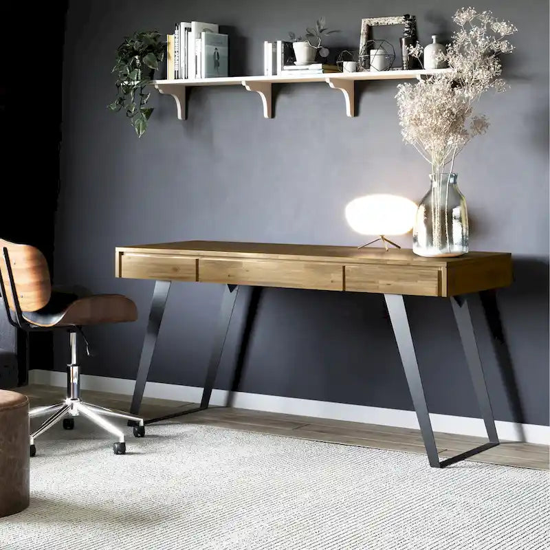 Modern Industrial Solid Wood Desk with Keyboard Tray & 2 Drawers