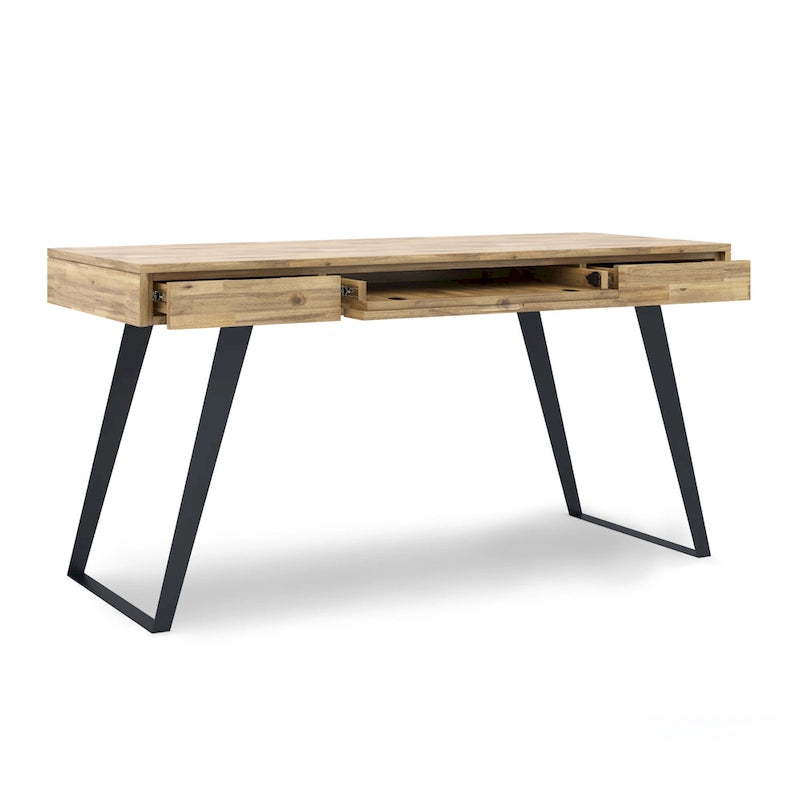 Modern Industrial Solid Wood Desk with Keyboard Tray & 2 Drawers