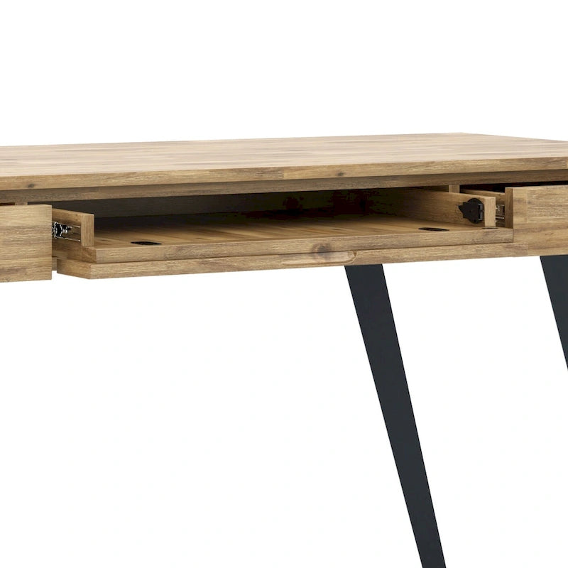 Modern Industrial Solid Wood Desk with Keyboard Tray & 2 Drawers