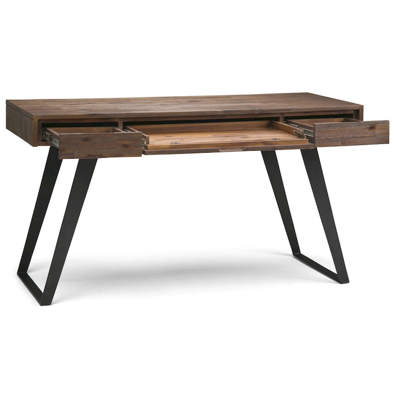 Modern Industrial Solid Wood Desk with Keyboard Tray & 2 Drawers