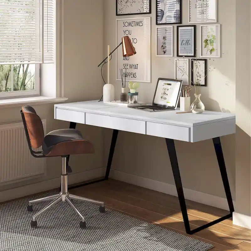 Modern Industrial Solid Wood Desk with Keyboard Tray & 2 Drawers