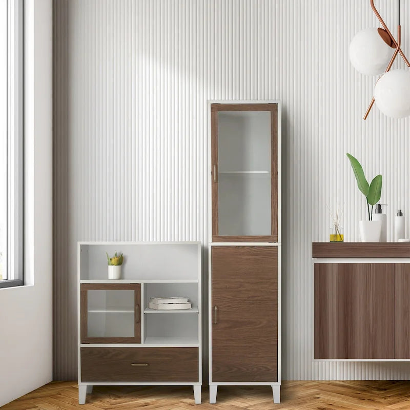 Mid-Century Modern Floor Storage Cabinet with Glass Door & Brass Pulls