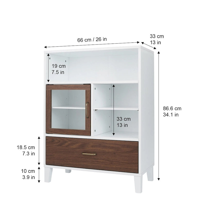 Mid-Century Modern Floor Storage Cabinet with Glass Door & Brass Pulls