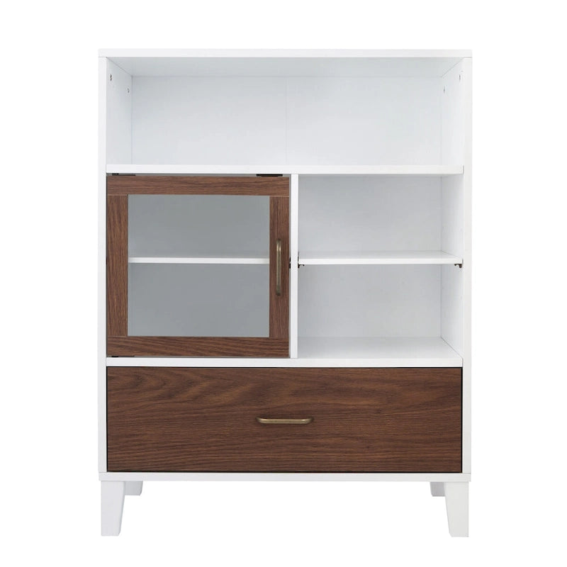 Mid-Century Modern Floor Storage Cabinet with Glass Door & Brass Pulls