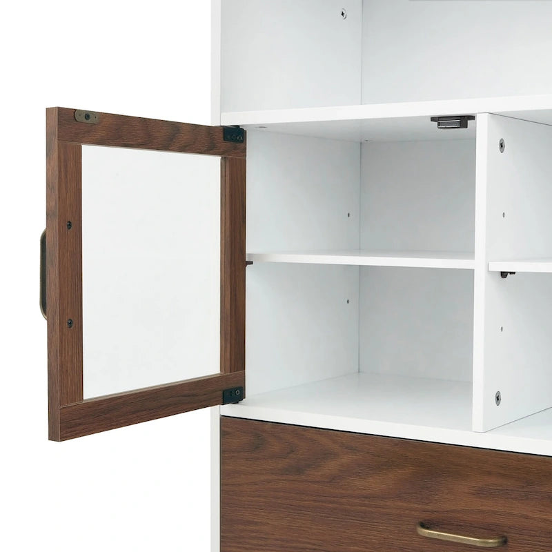 Mid-Century Modern Floor Storage Cabinet with Glass Door & Brass Pulls