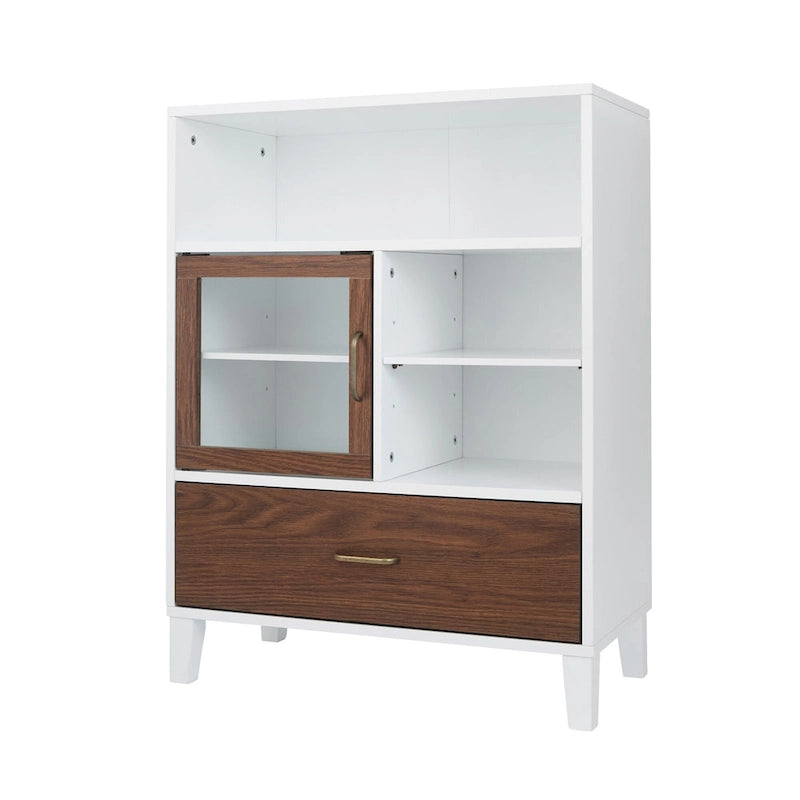 Mid-Century Modern Floor Storage Cabinet with Glass Door & Brass Pulls