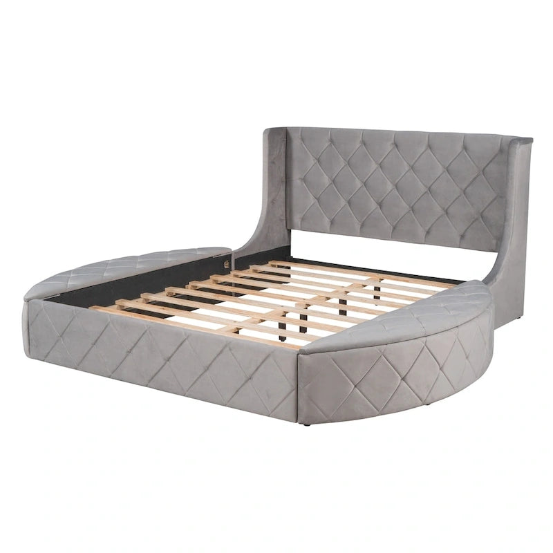 Upholstered Platform Bed Queen Size Storage Velvet Bed with Wingback Headboard and 1 Big Drawer,2 Side Storage Stool(Beige)