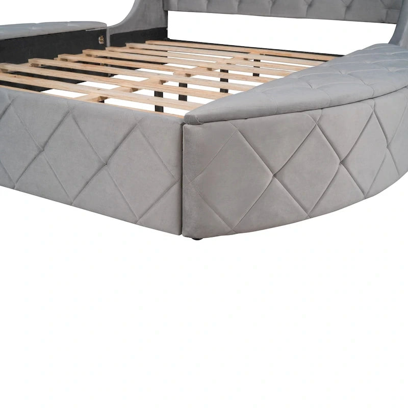 Upholstered Platform Bed Queen Size Storage Velvet Bed with Wingback Headboard and 1 Big Drawer,2 Side Storage Stool(Beige)