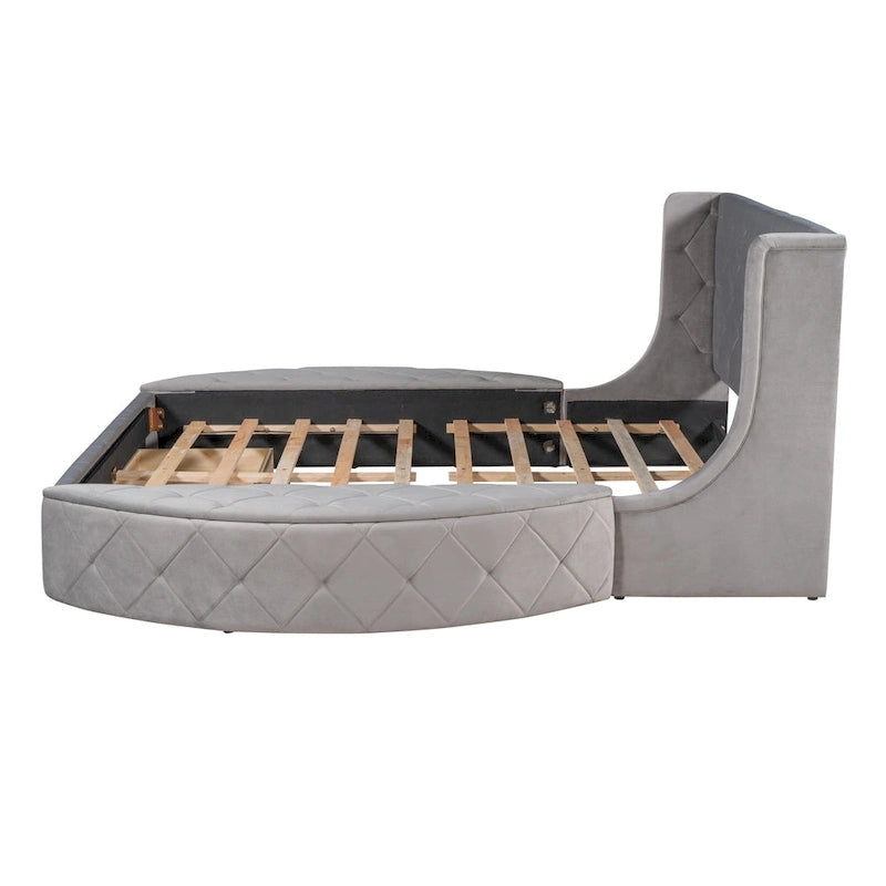 Upholstered Platform Bed Queen Size Storage Velvet Bed with Wingback Headboard and 1 Big Drawer,2 Side Storage Stool(Beige)