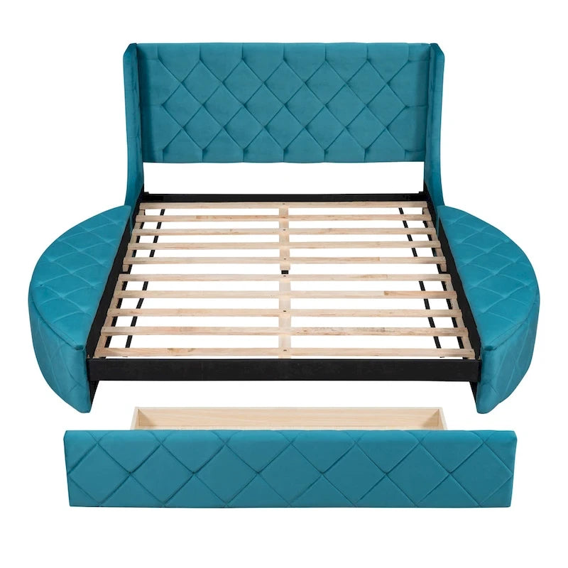 Upholstered Platform Bed Queen Size Storage Velvet Bed with Wingback Headboard and 1 Big Drawer,2 Side Storage Stool(Beige)