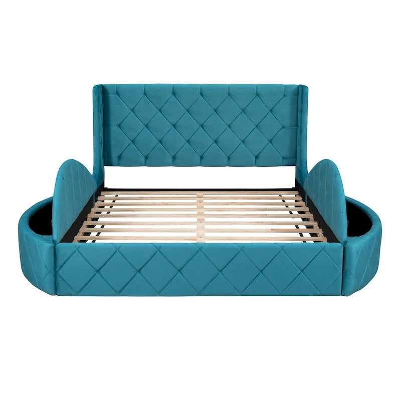 Upholstered Platform Bed Queen Size Storage Velvet Bed with Wingback Headboard and 1 Big Drawer,2 Side Storage Stool(Beige)