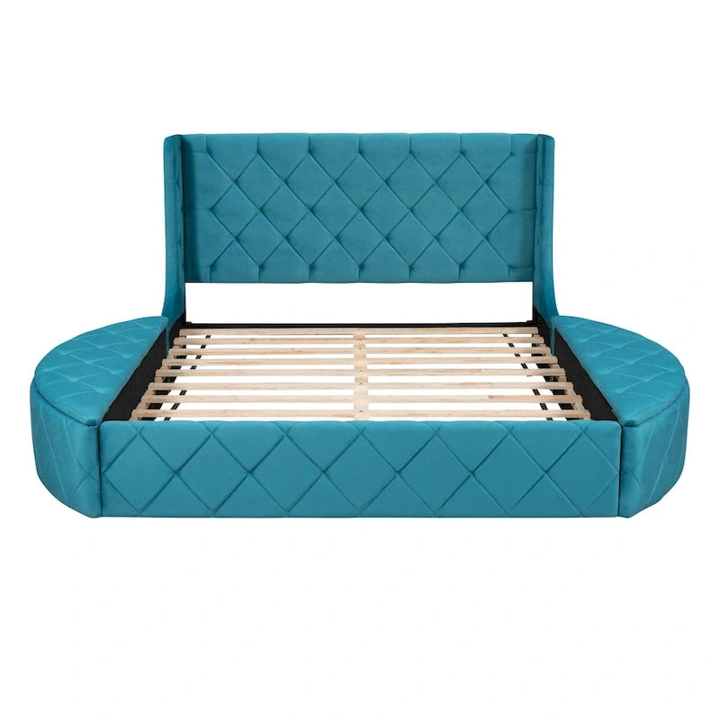 Upholstered Platform Bed Queen Size Storage Velvet Bed with Wingback Headboard and 1 Big Drawer,2 Side Storage Stool(Beige)