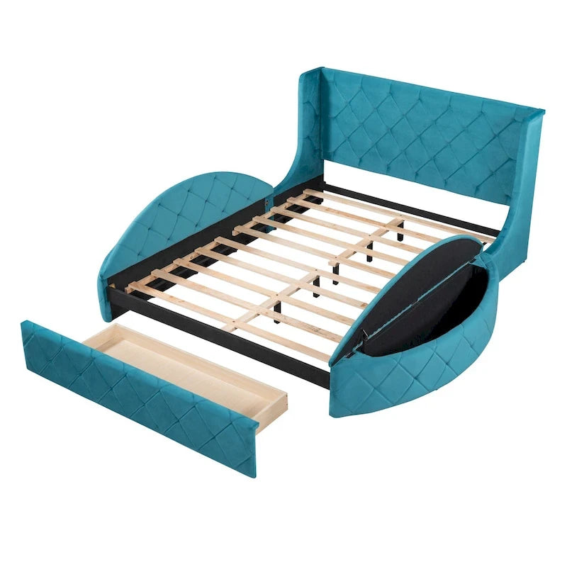Upholstered Platform Bed Queen Size Storage Velvet Bed with Wingback Headboard and 1 Big Drawer,2 Side Storage Stool(Beige)