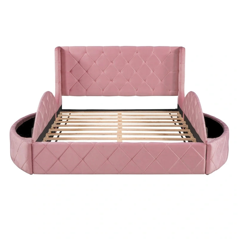 Upholstered Platform Bed Queen Size Storage Velvet Bed with Wingback Headboard and 1 Big Drawer,2 Side Storage Stool(Beige)