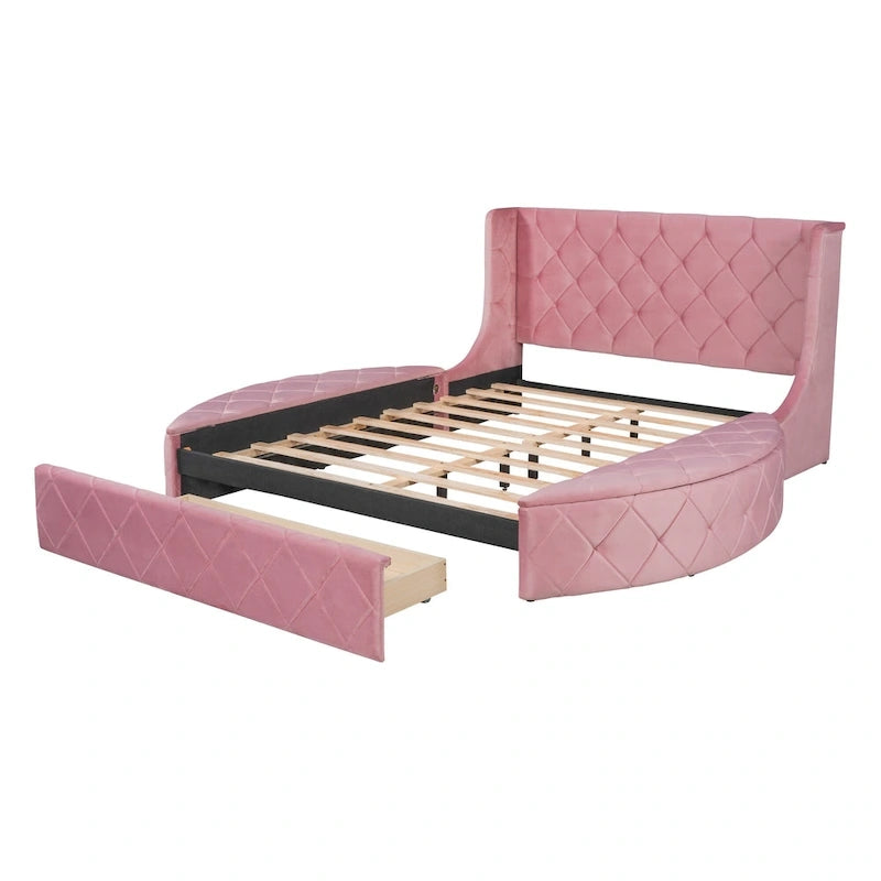 Upholstered Platform Bed Queen Size Storage Velvet Bed with Wingback Headboard and 1 Big Drawer,2 Side Storage Stool(Beige)